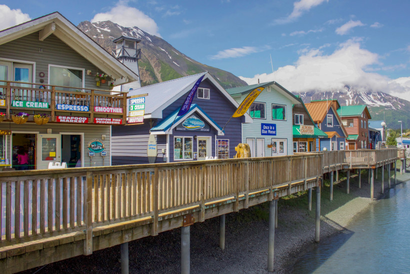 Shops along the dock in Seward Harbor, Alaska