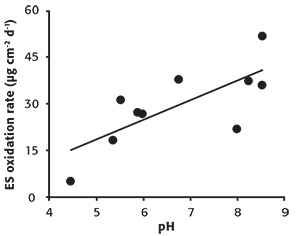 Fig. 2: Effect of soil pH on oxidation of elemental S (ES) across 10 soils (Zhao, et al. 2015).
