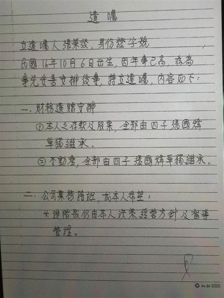 張榮發生前遺囑有效 張國煒獨得全部財產