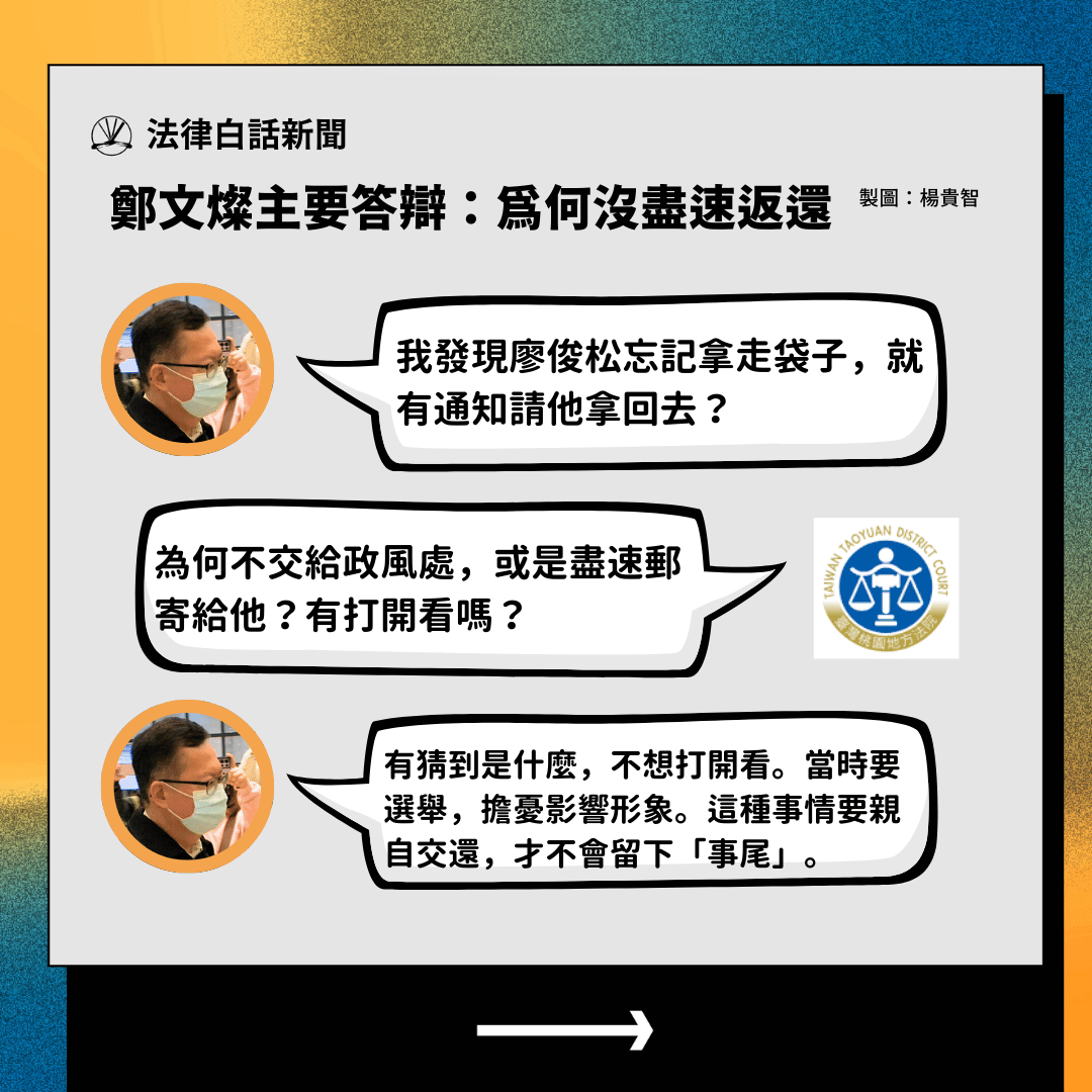 法官質疑未立即寄回賄款袋 鄭文燦：憂影響選舉及形象 - 收賄