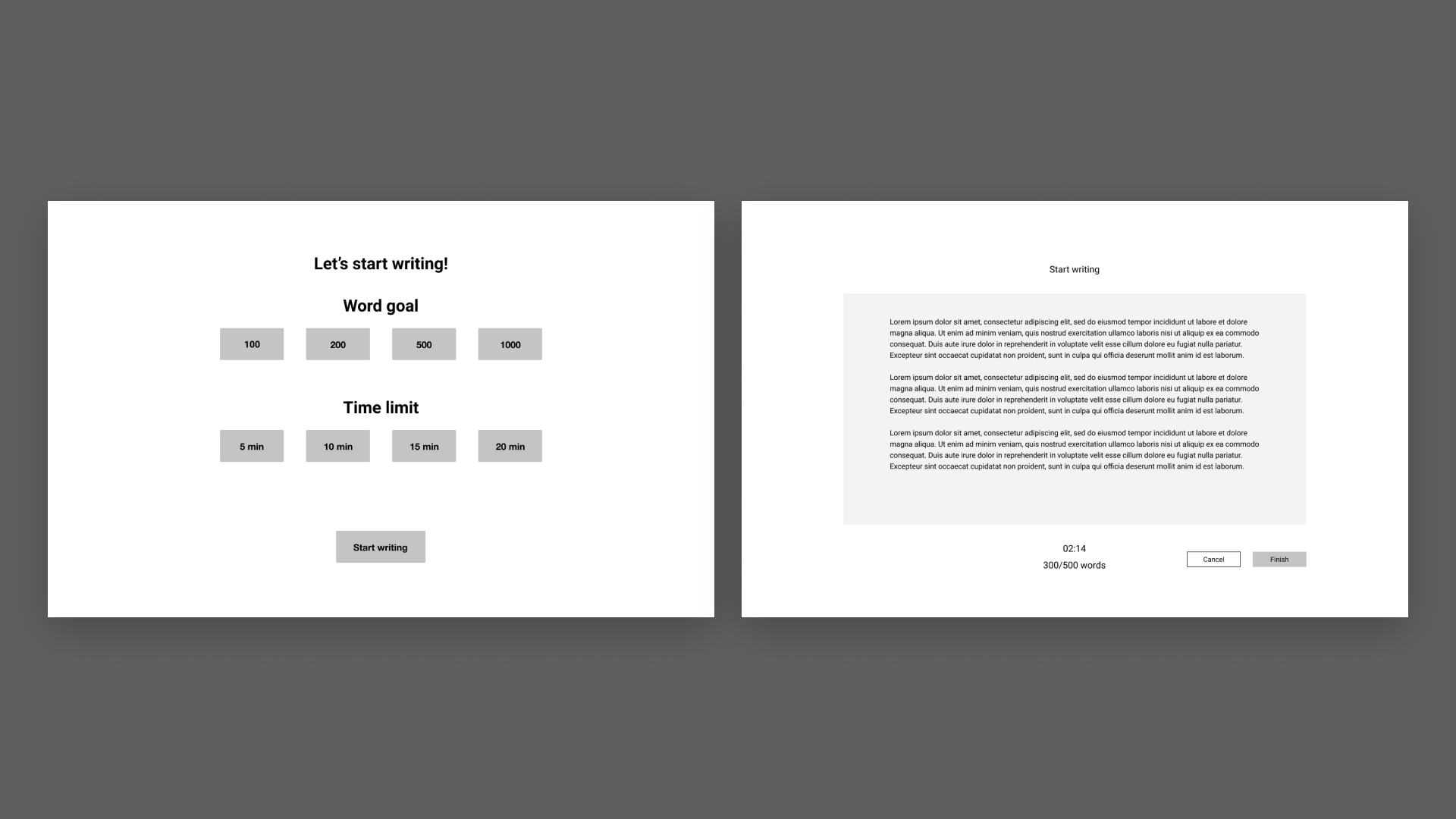 Initial lo-fi sketches to define the general outline of the tool. Basic features such as the time limit, word counter, and text editor are established here.