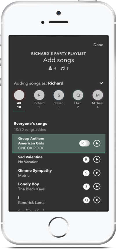 One phone, many friends, zero hassle –

To start using Party Mode, all you need is one phone with Spotify. Pass it around your friends, and you’ve got your party playlist!