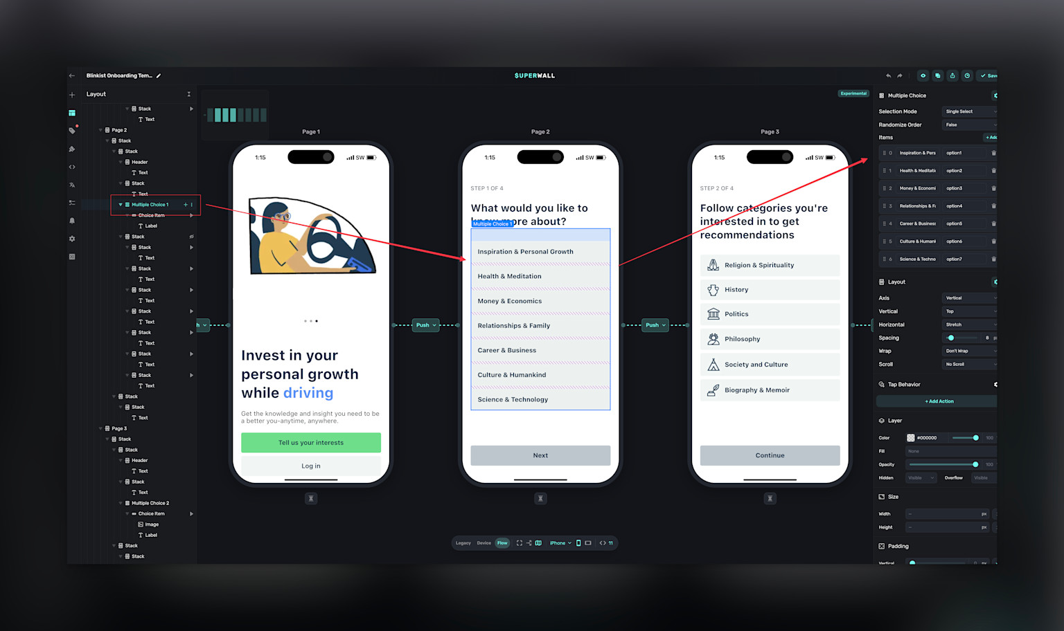 Multiple choice elements let you branch off choices, store selections, and more.