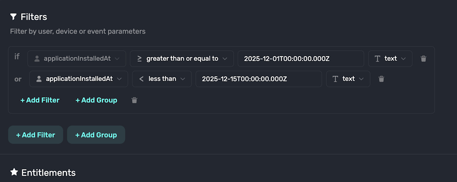 A filter matching new installs within the first two weeks of December.