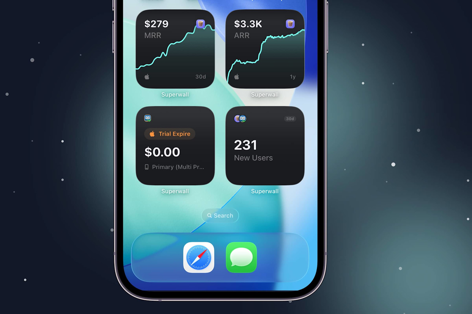 Superwall's new ARR, MRR, and Recent Transaction widgets.