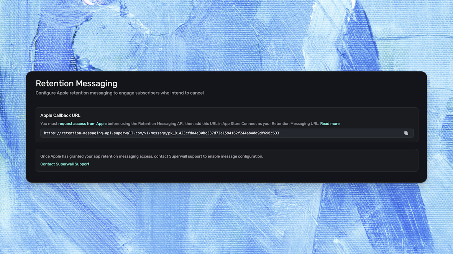 The callback URL is pre-generated — copy it and paste into App Store Connect.