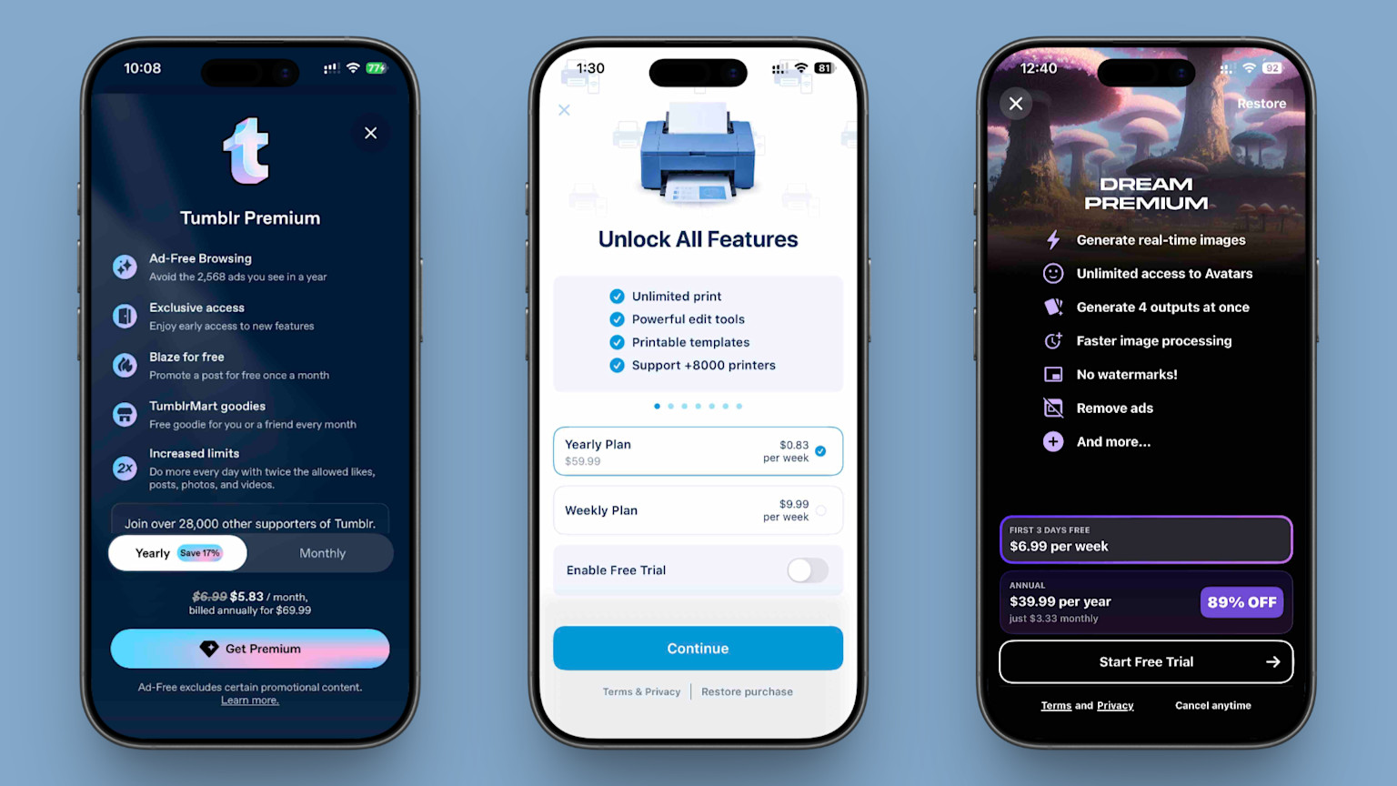 Examples of mobile app paywalls with value stacks, showing different subscription plans, pricing options, and trial configurations.