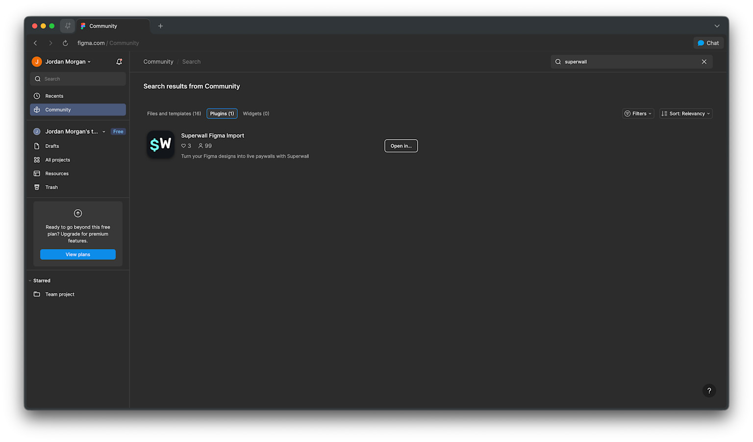 The Superwall plugin is found within the Community tab.