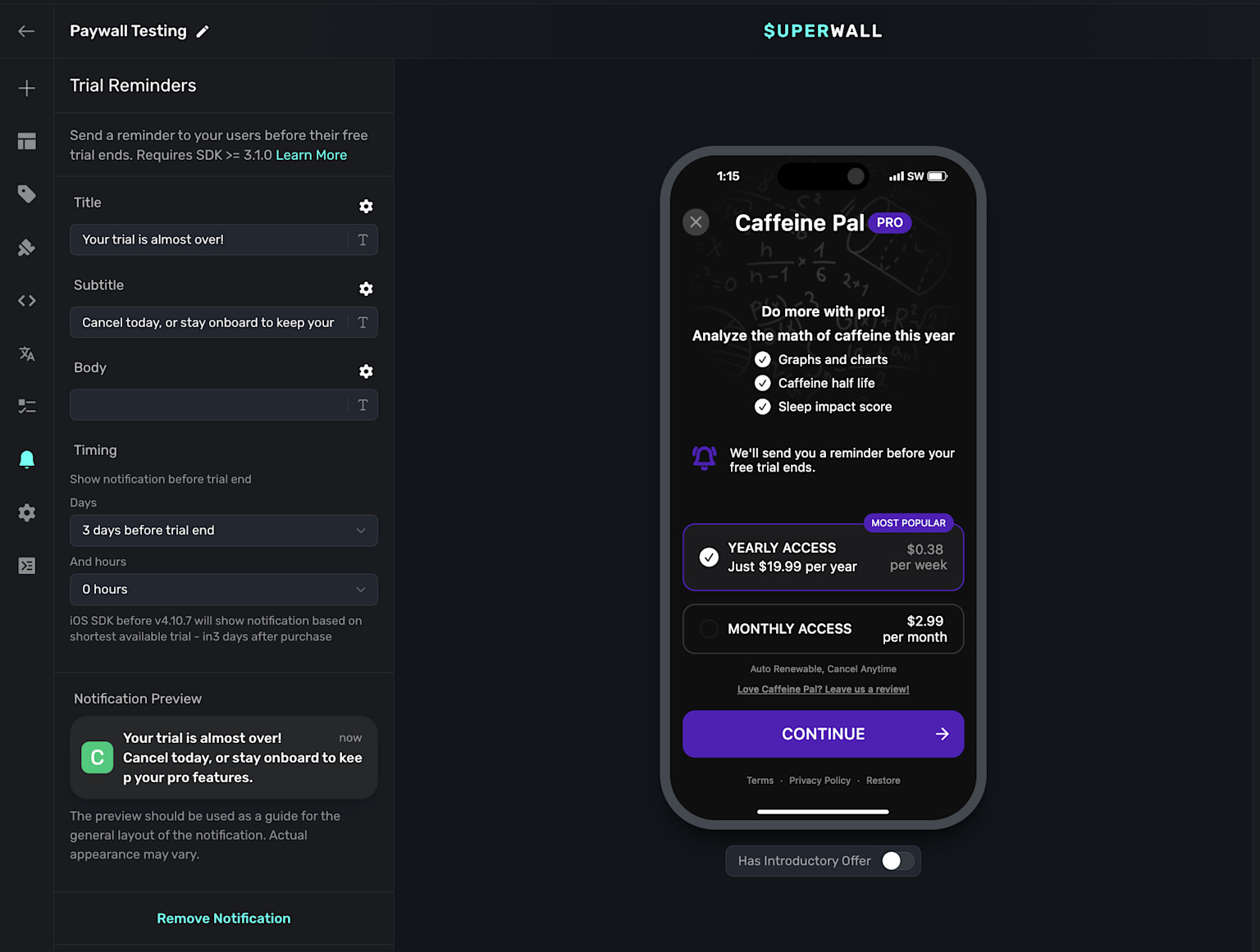 Trial reminders are quickly configured in Superwall.