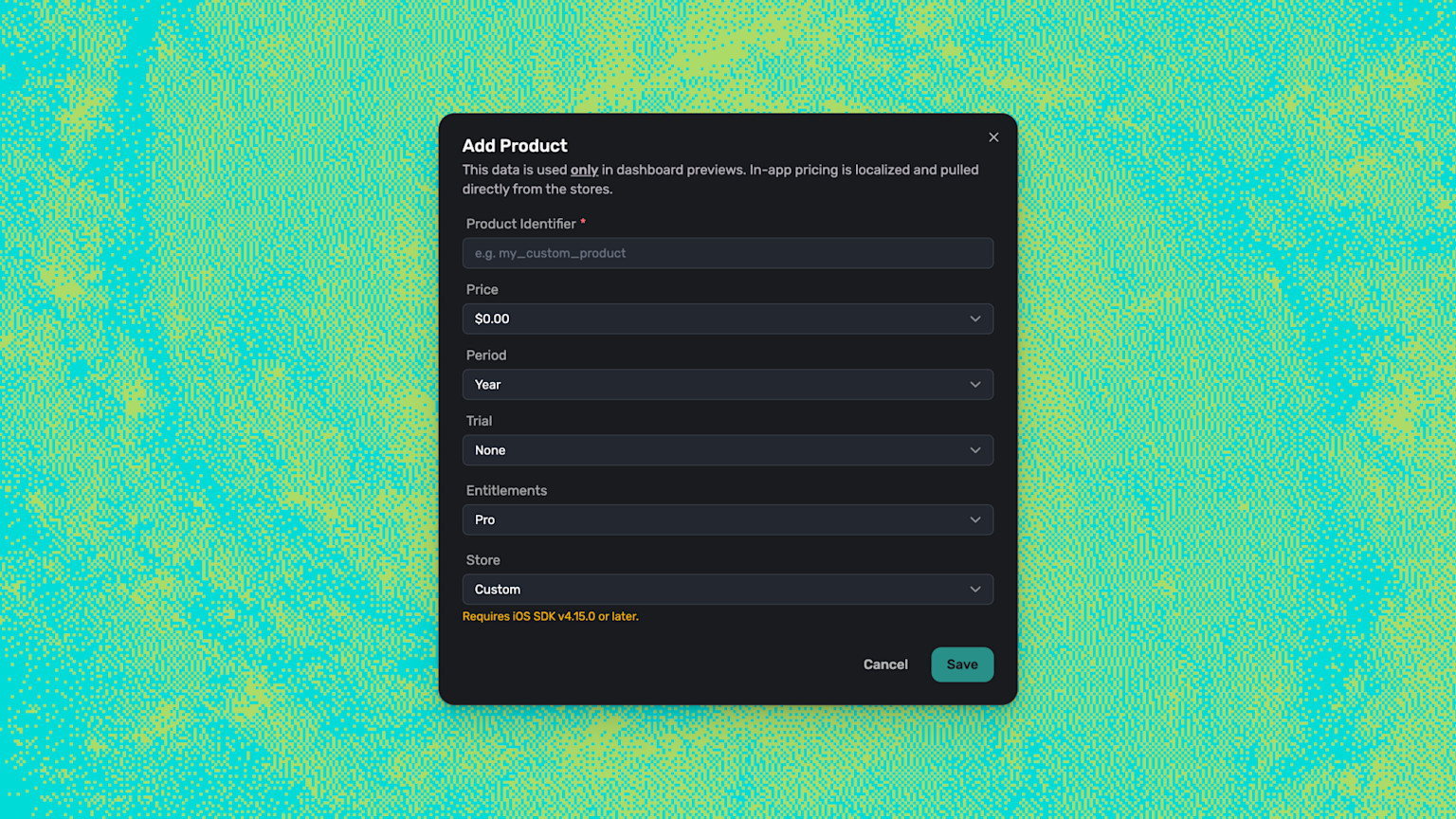 Add a custom product in the Superwall dashboard — set the price, period, and entitlements, then drop it onto any paywall.