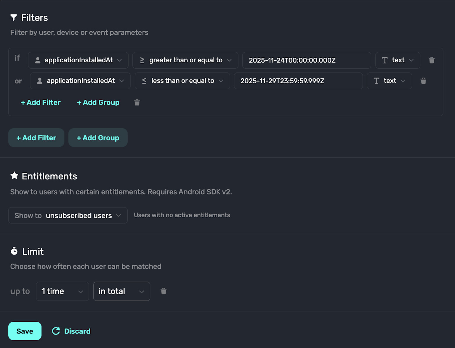 A filter to capture new installs between the Monday of Black Friday, up to Saturday.