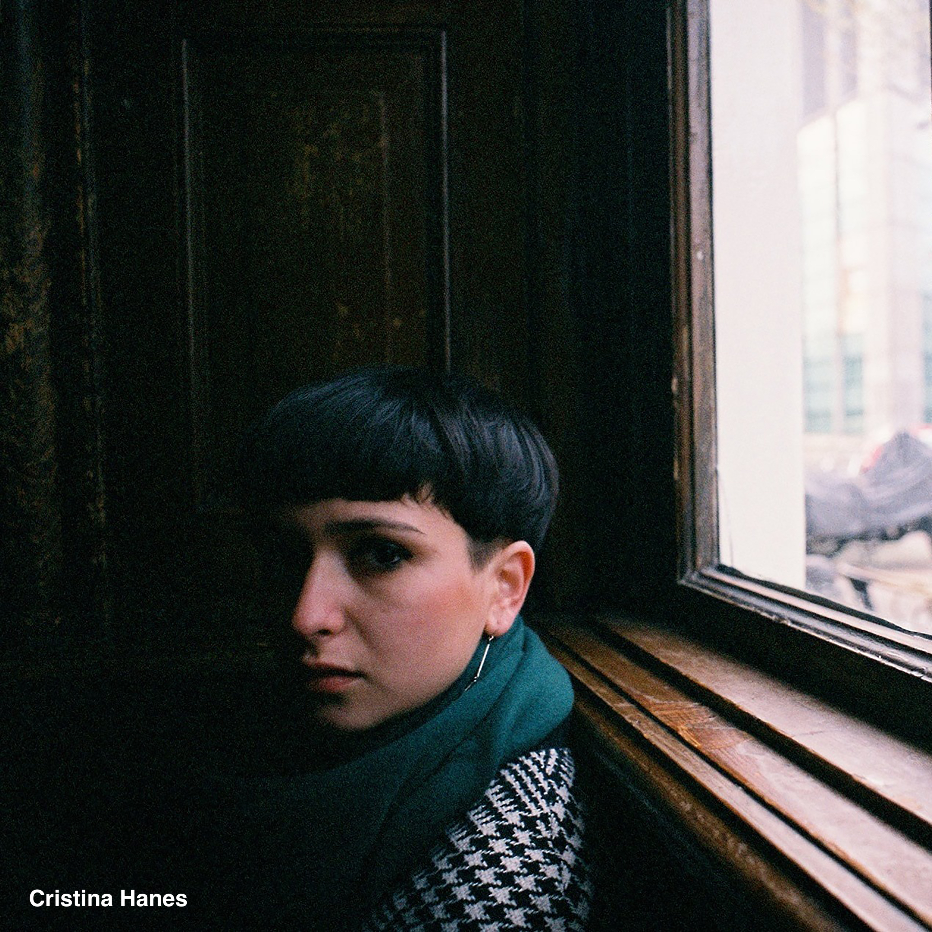 The headshot of a woman with short black hair, wearing a green scarf and a chequered coat next to a window. 