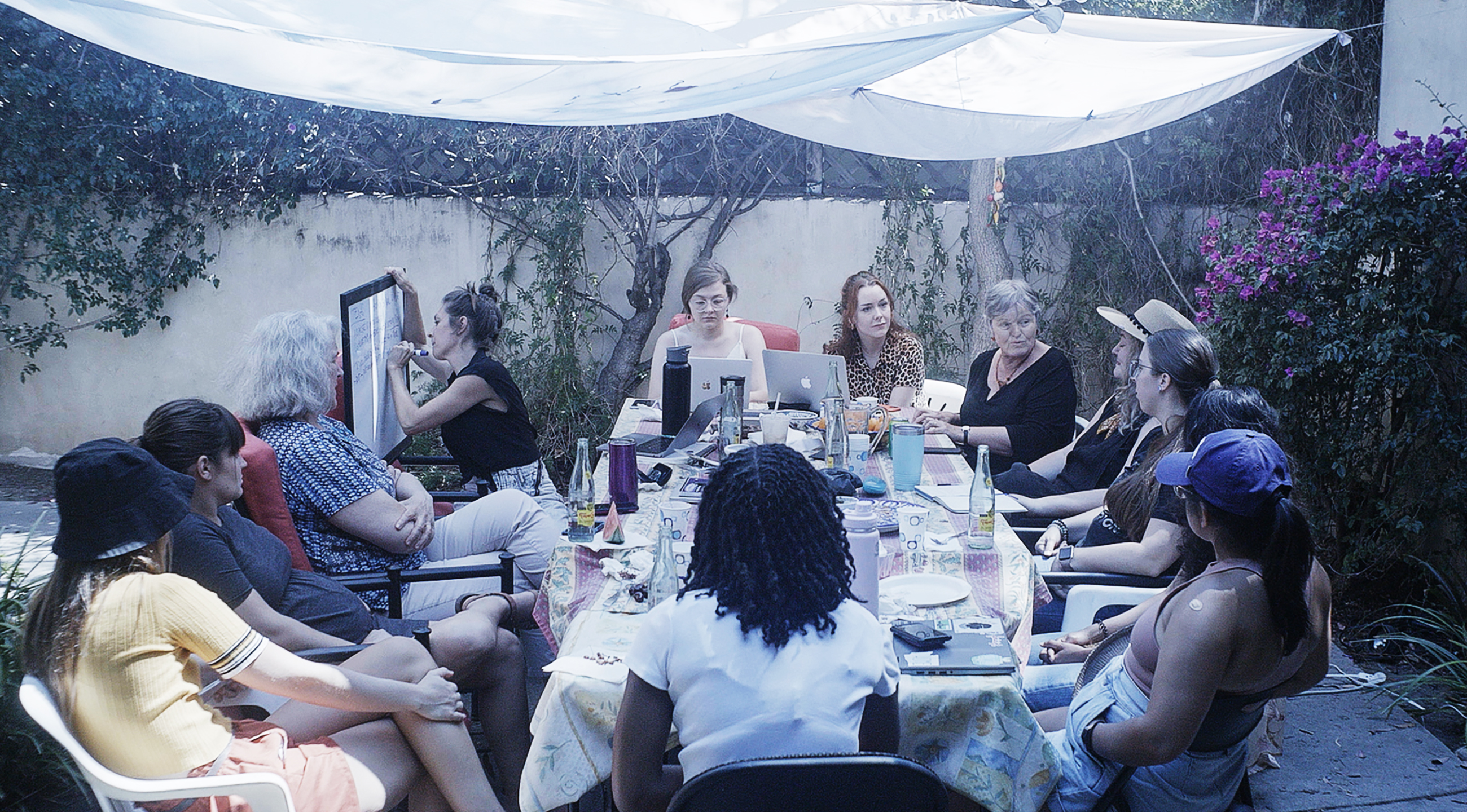 PLAN C strategy meeting 2021. A group of people gathers around a table with plates and drinks while a person writes on a whiteboard.