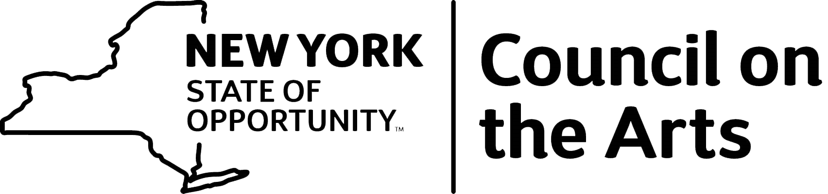 a two part logo - the left side is comprised of an outline of the state of new york and reads "new york state of opportunity" divided by a full length horizontal line. the rights side reads "council on the arts" 