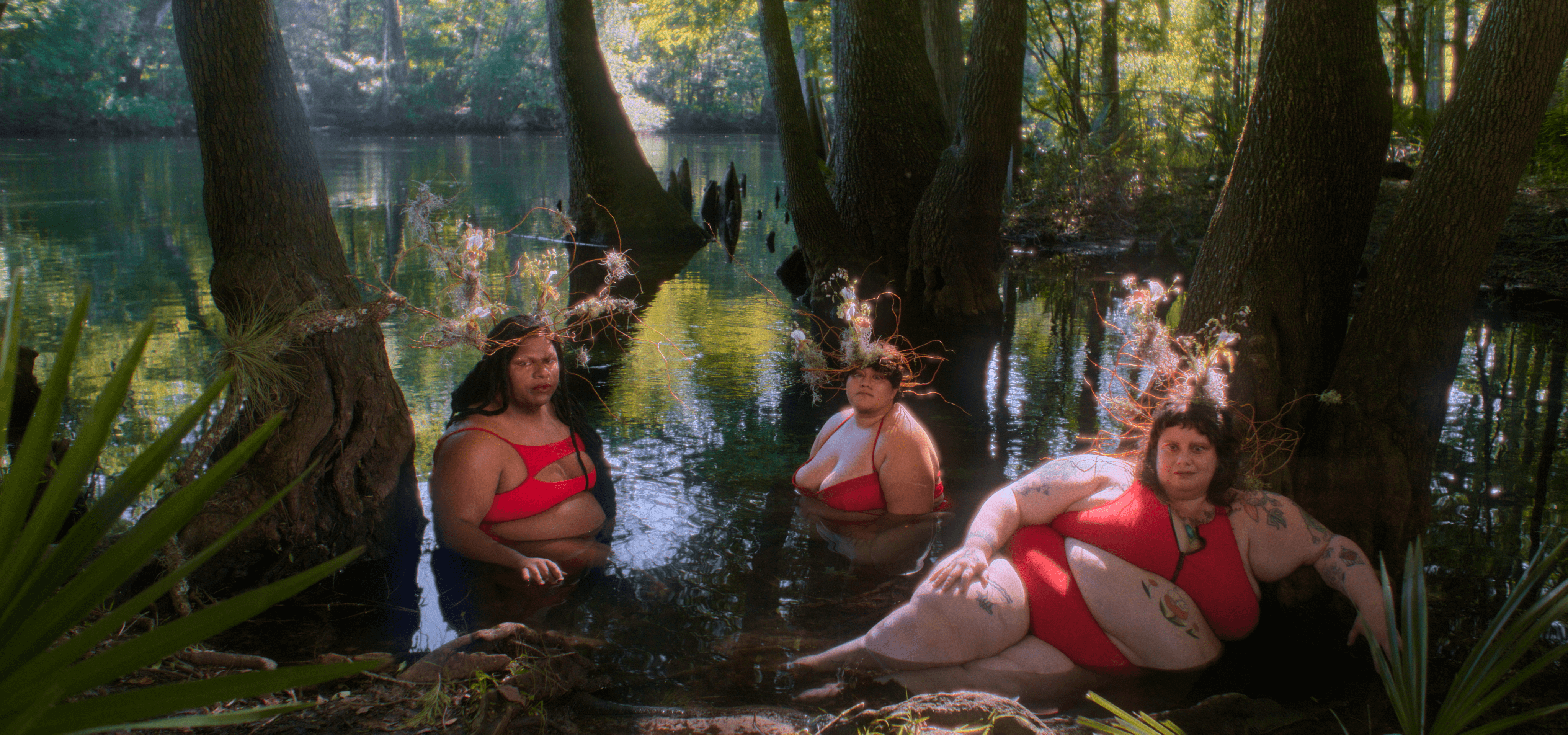 Three fat, gender non-conforming people of different races pose in a lush swamp wearing striking red bathing suits and crowns made of plants. How to Carry Water is a QUEER FUTURES short film.