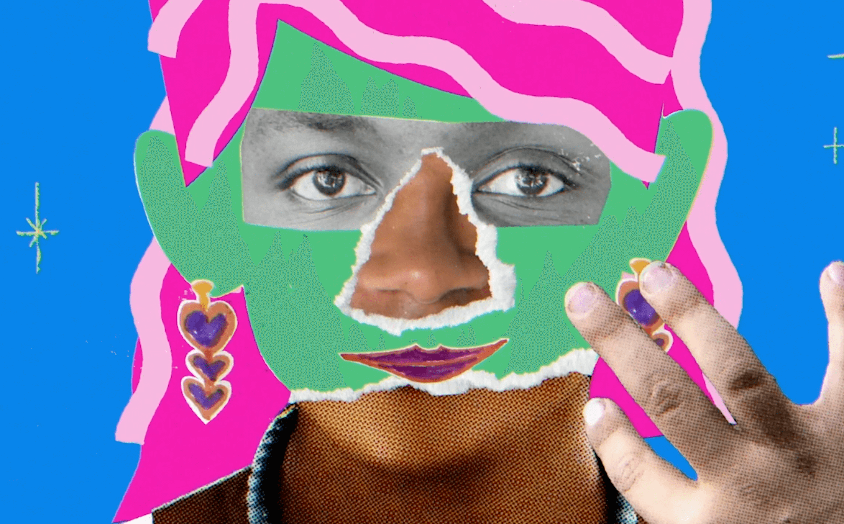 A close-up collage made from different colorful papers and designs showcases a woman's face and hand looking into the camera.