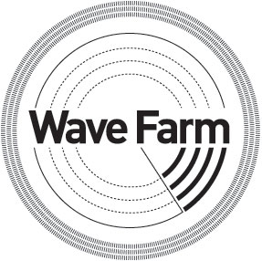 a set of concentric circles in lines and dots in black and white and the words "wave farm" placed in the center