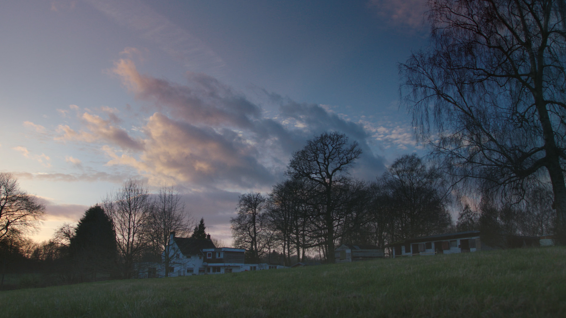 A house in a meadow during golden hour.