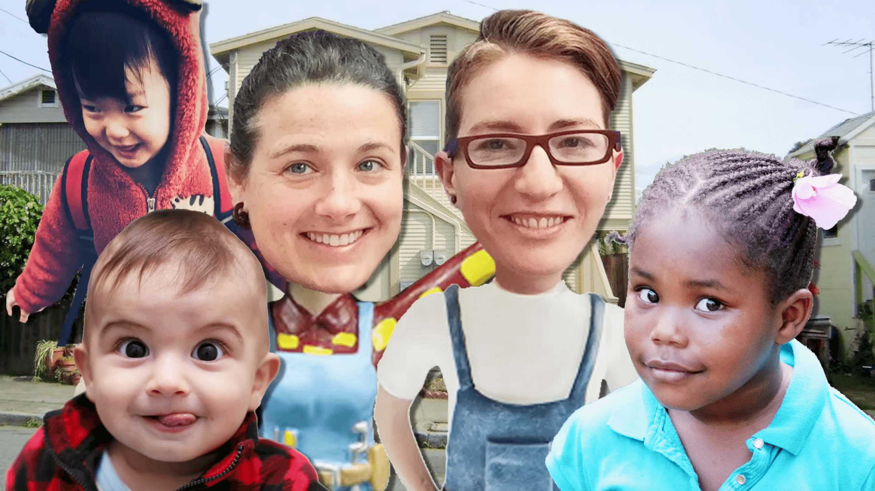 A photo collage. The director, Nico Opper, is next to another woman, and around them are superimposed images of toddlers and young kids. In the collage background, a street view of a two-story beige house is seen.