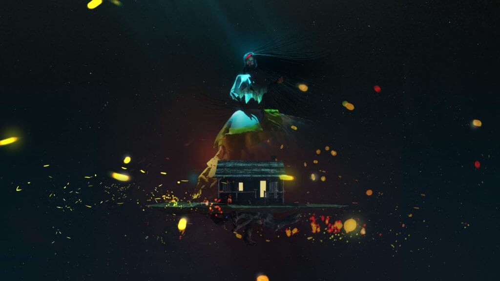 A digitally constructed environment in which a cabin is surrounded by enlightened particles. A woman in a bigger scale than the house is in the back. 