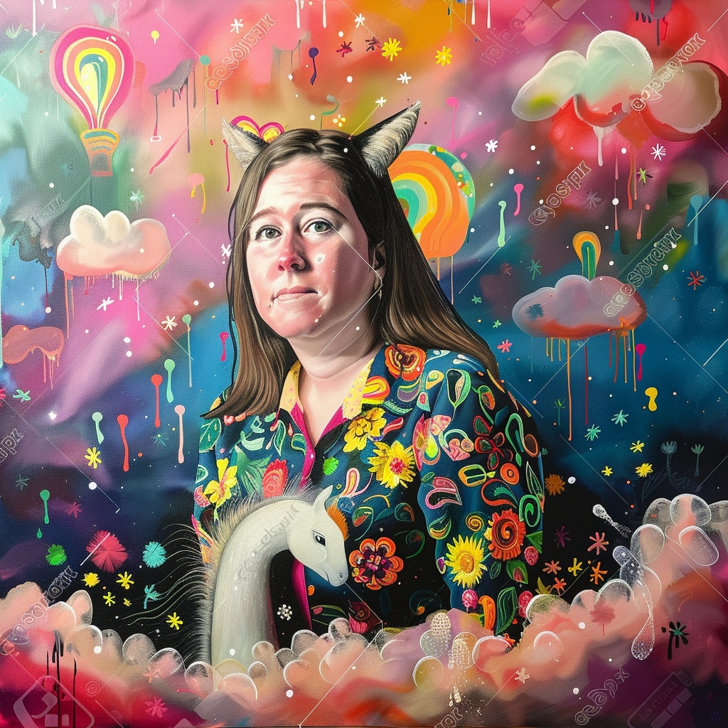 An image of a woman with long brown hair, wearing a colorful floral shirt, with a colorful background with rainbows and clouds.