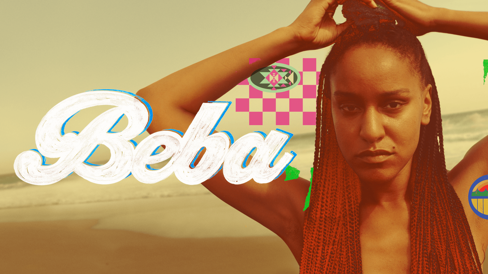 An image of Beba adjusting her hair on a beach is overlayed with colorful animation and a title saying 'Beba.'