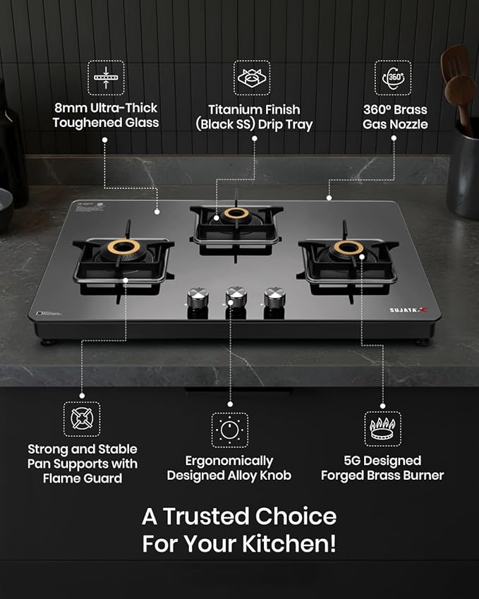 Sujata Premium Gas Stove 3 Burners Glass Top - Image 3