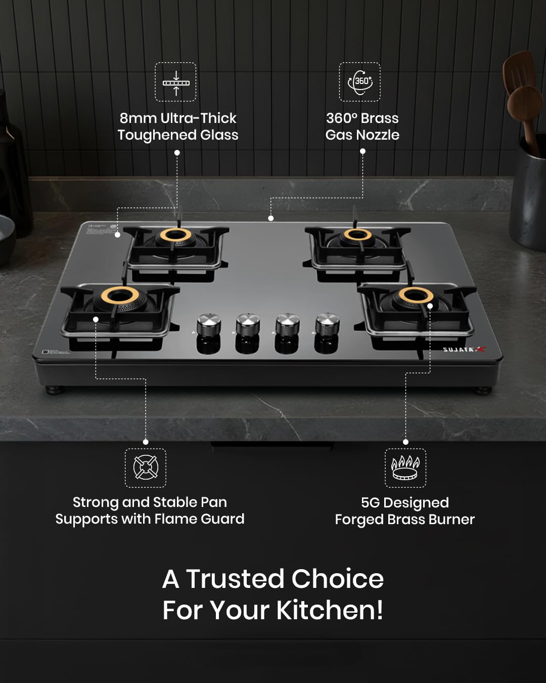 Sujata Premium Gas Stove 4 Burners Glass Top - Image 3