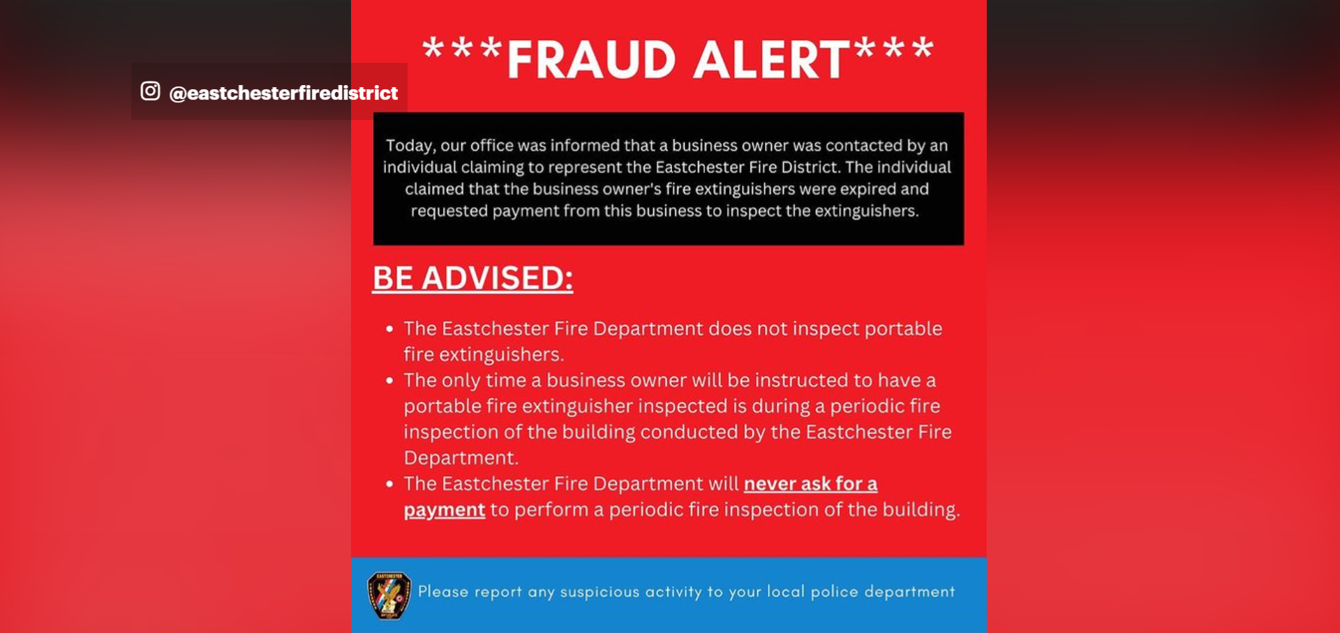Eastchester warns residents about fire extinguisher inspection scam