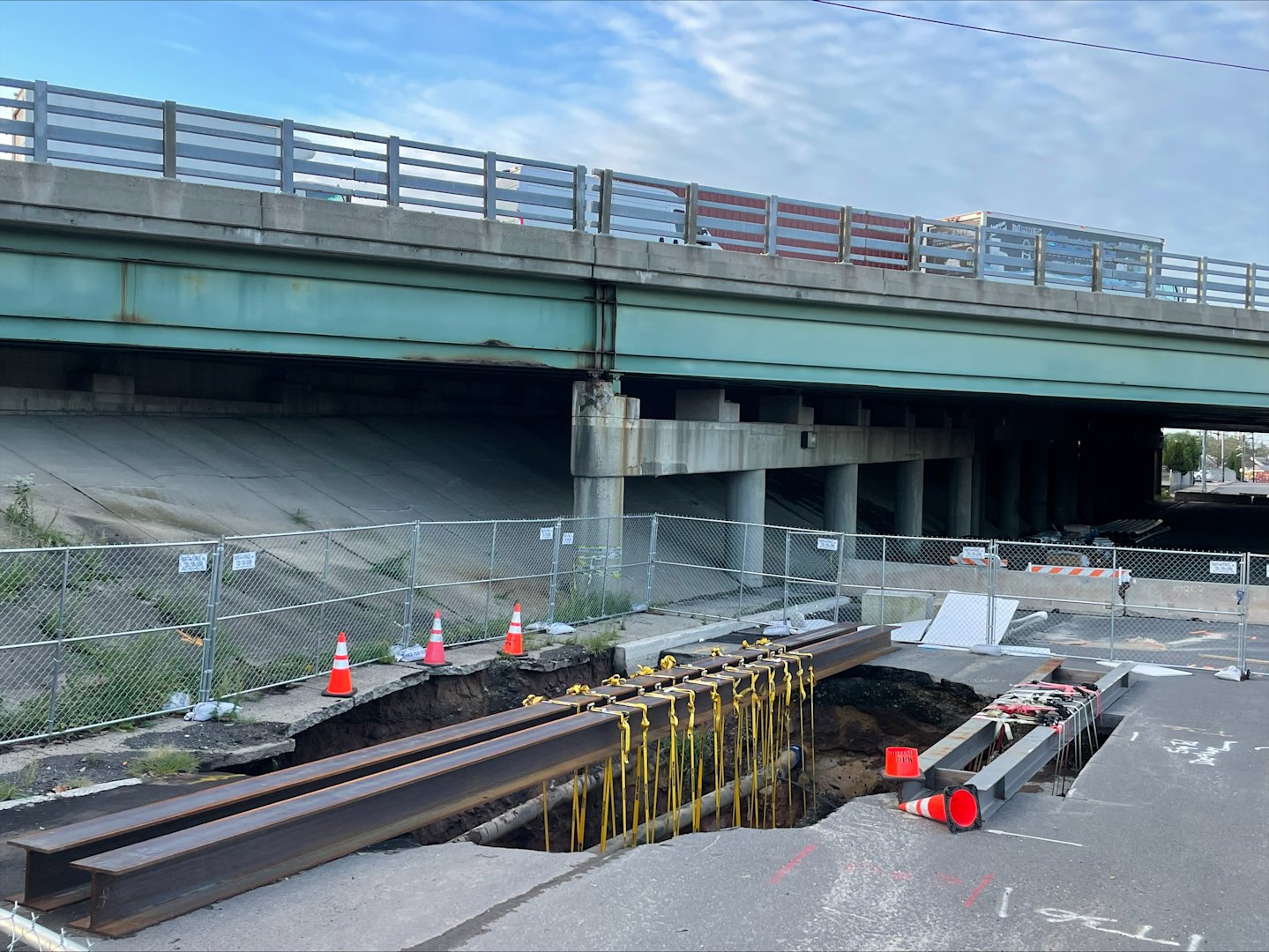 Expanding sinkhole below I78 overpass in Hillside disrupting local