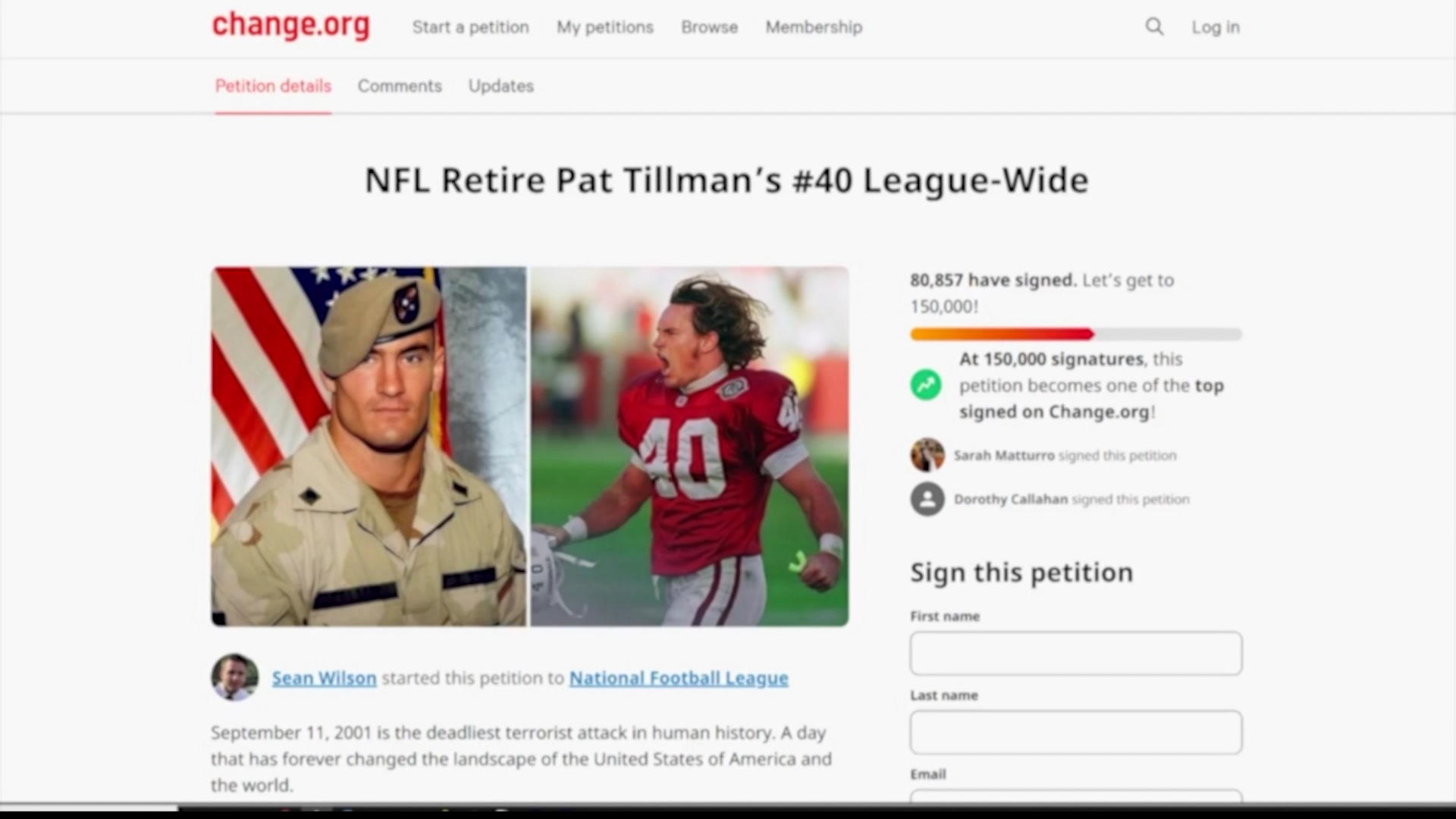 Pat Tillman uniform number should be retired by NFL, petition says