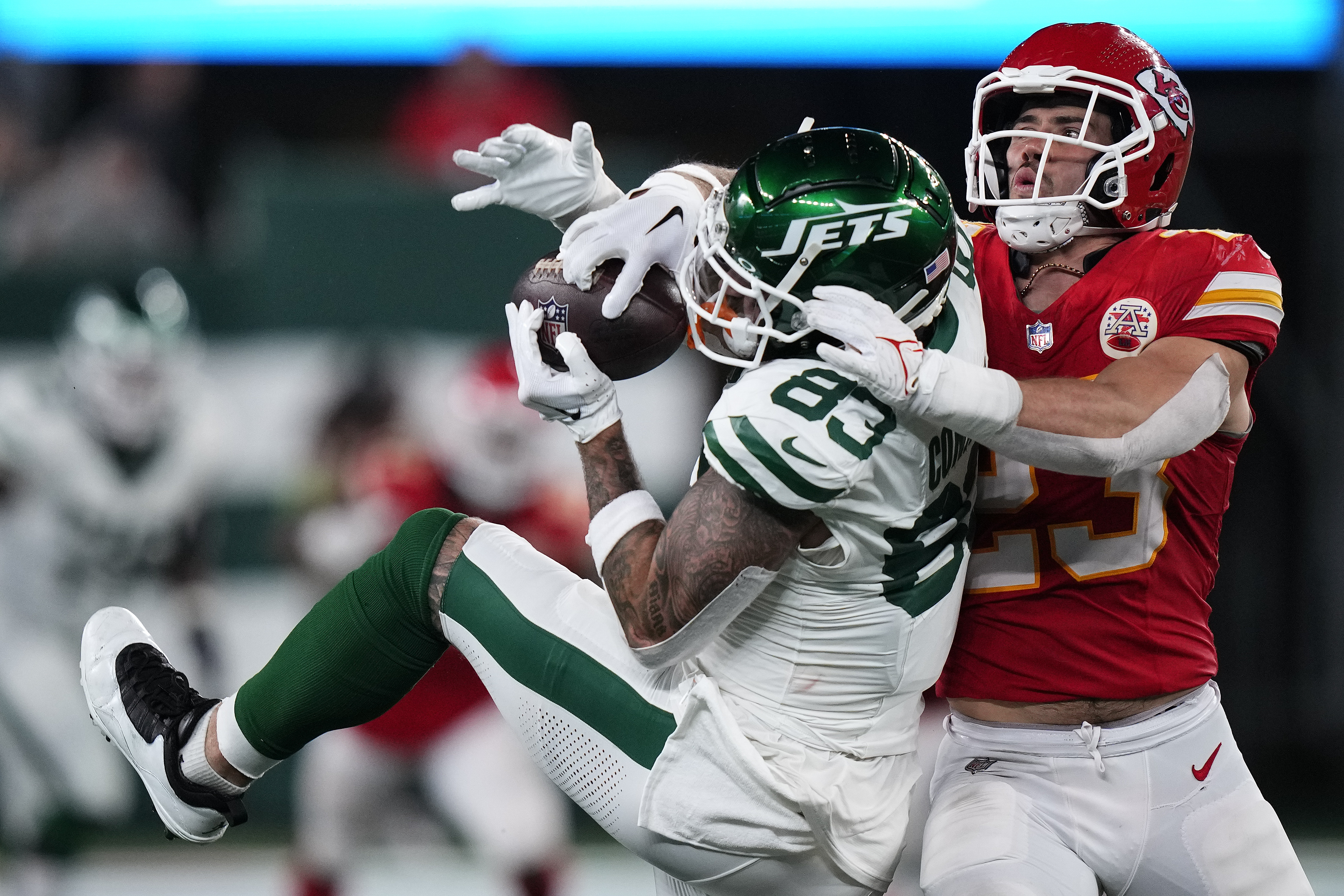 Aaron Rodgers on New York Jets sideline against Kansas City Chiefs