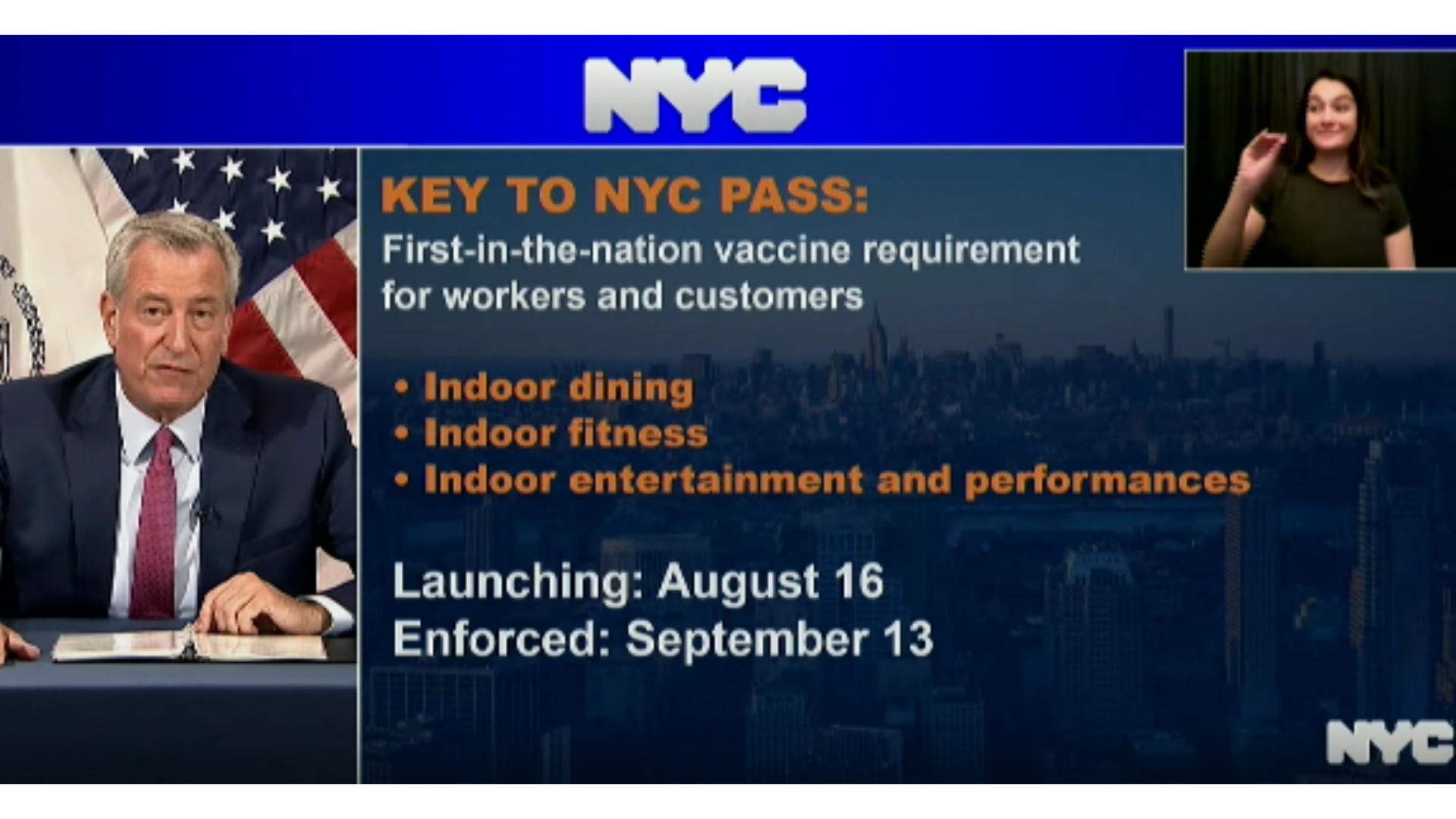 NYC will require vaccination proof for indoor dining, gyms