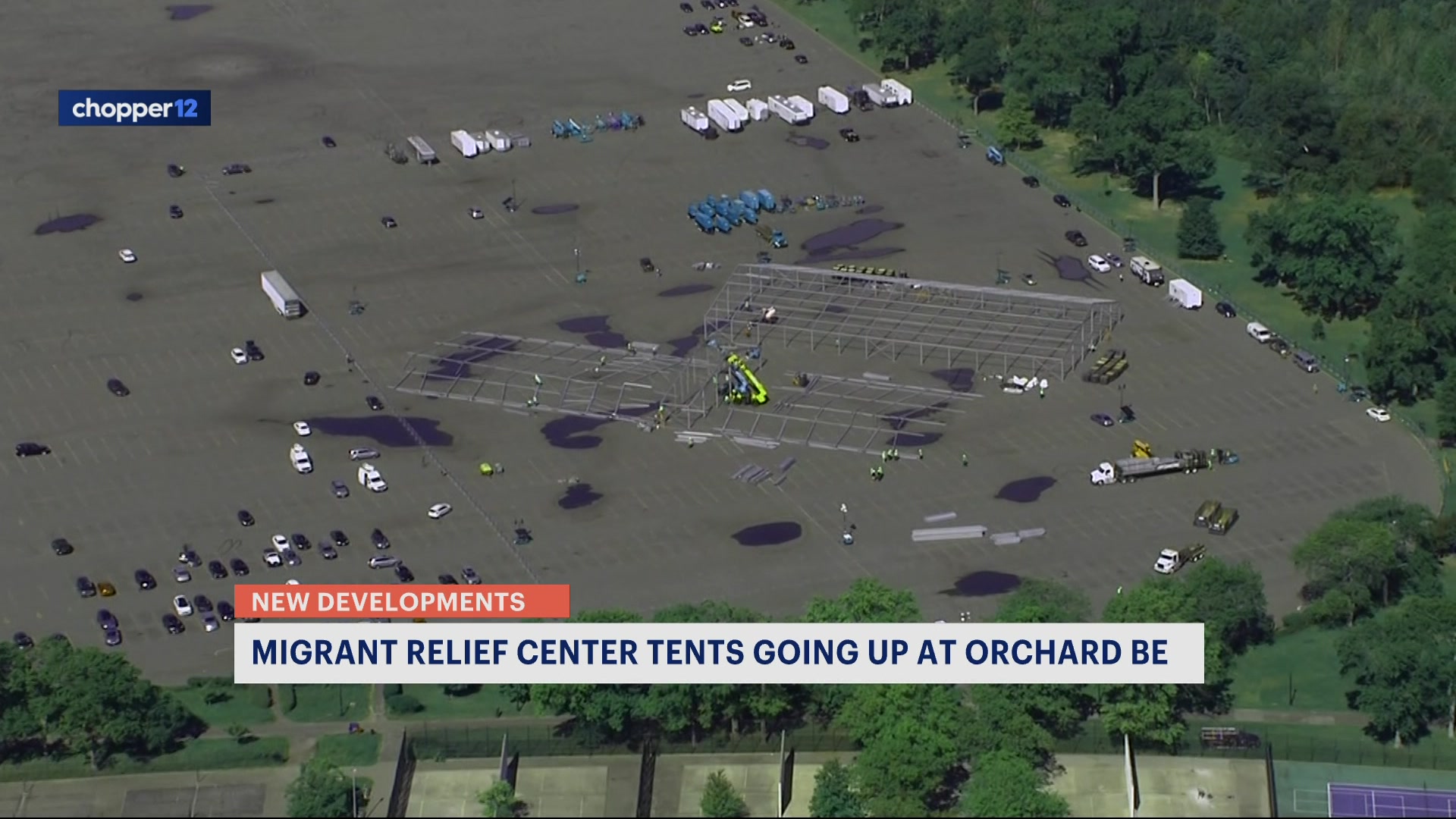 Migrant relief center tents now under construction at Orchard Beach