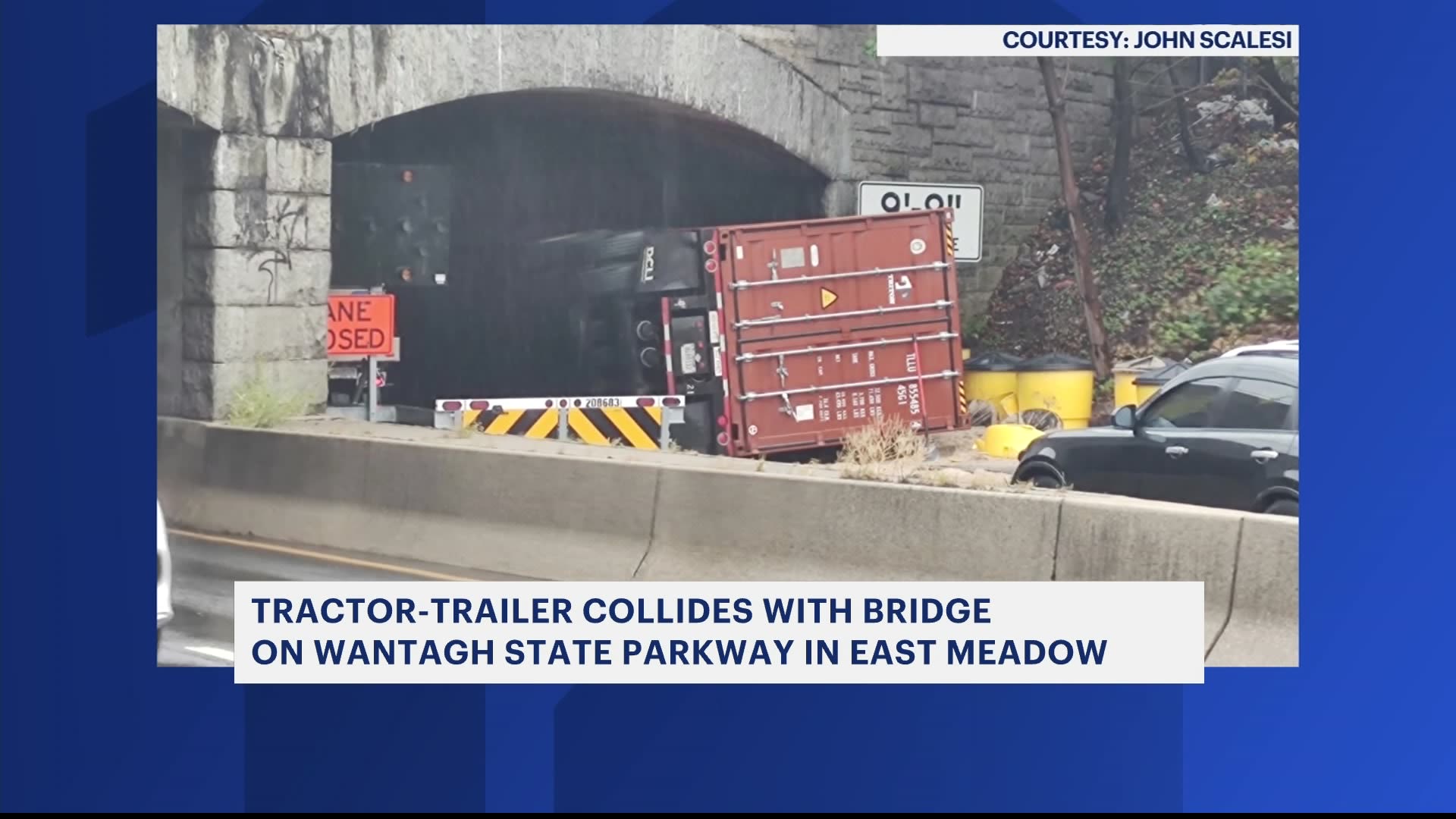 Tractortrailer strikes overpass, topples over on Wantagh State Parkway