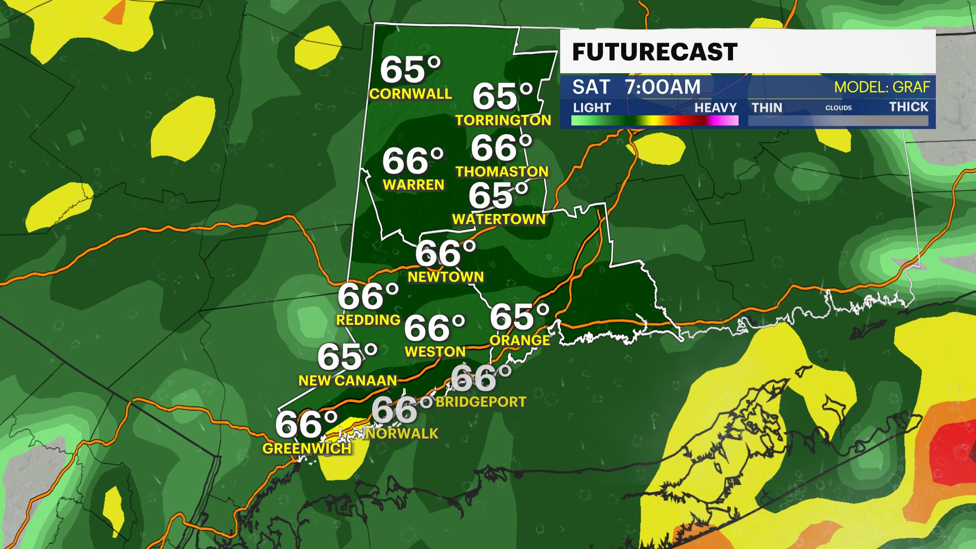 Scattered showers overnight with rain continuing into Saturday morning