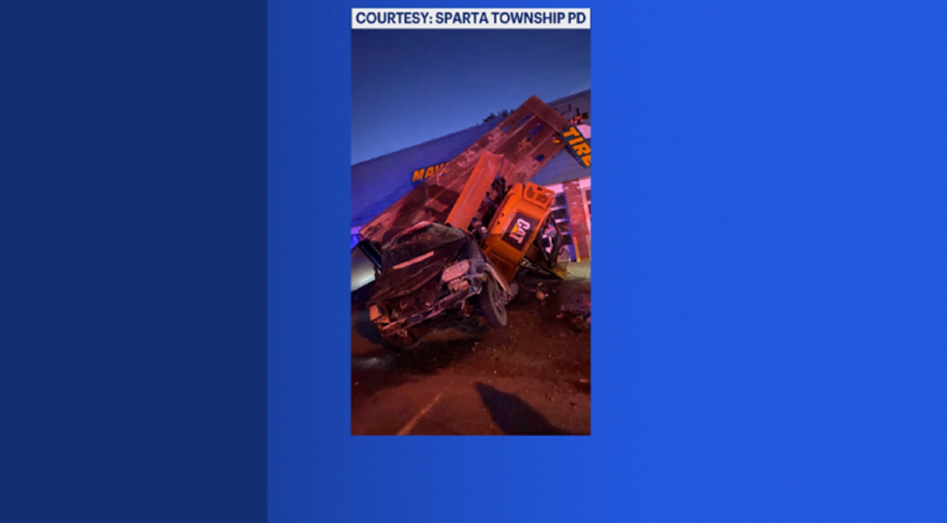 Police Pickup truck towing excavator on flatbed loses control, crashes