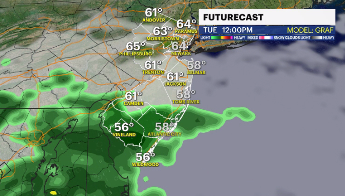 Mostly cloudy with rain chances in parts of New Jersey; temps in the 80s by the end of the week