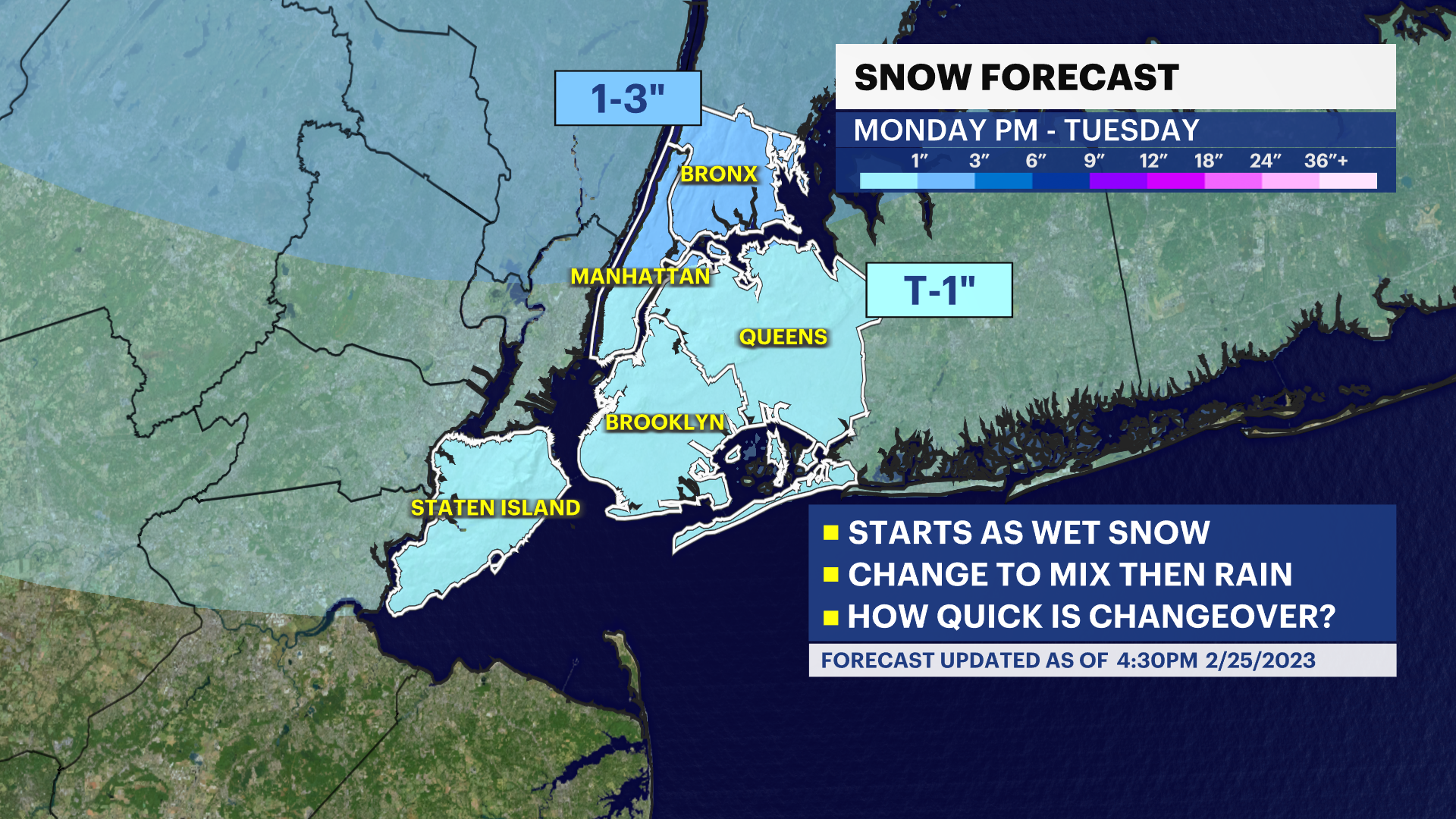 Sunny and milder Sunday in NYC snow wintry mix Monday night