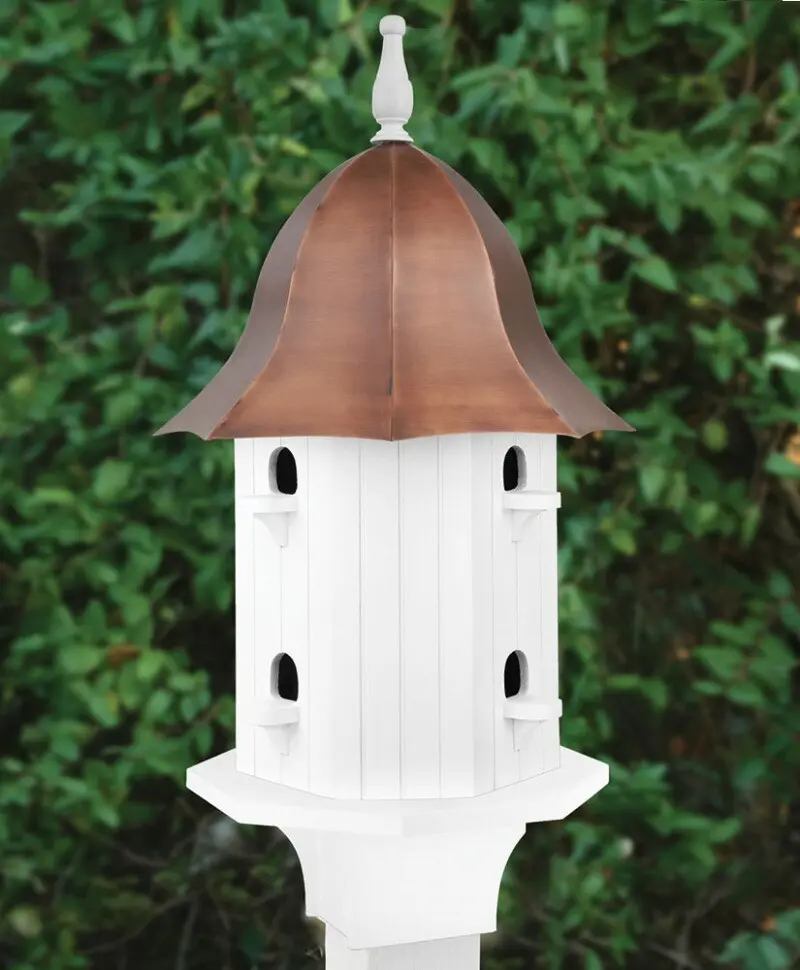 Two story bird house with 8 compartments. With a bell-shaped, pure copper roof and a white painted, long-lasting hardwood base. Roof and internal walls are removable for easy clean-out. 