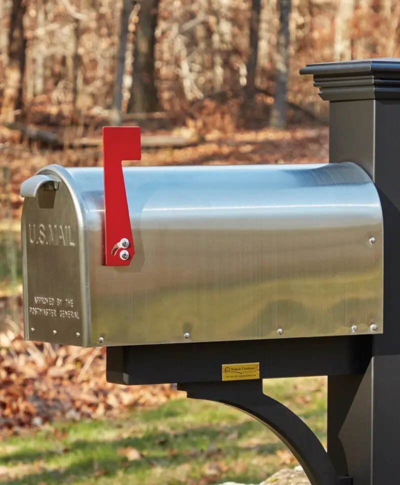 Fabricated with marine grade 316 stainless steel (brushed satin finish) for superior rust resistance. Powder coated Red aluminum flag & Silver handle. Stainless steel fasteners & mounting hardware. 11"H, 8"W, 21"D.