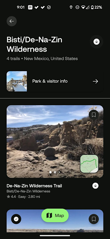 AllTrails shows trails in Bisti