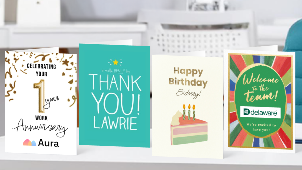 Four greetings cards that read "Celebrating your 1 year work anniversary", "A really really big thank you lawrie", "Happy Birthday Sidney" and "welcome to the team, we're excited to have you" 