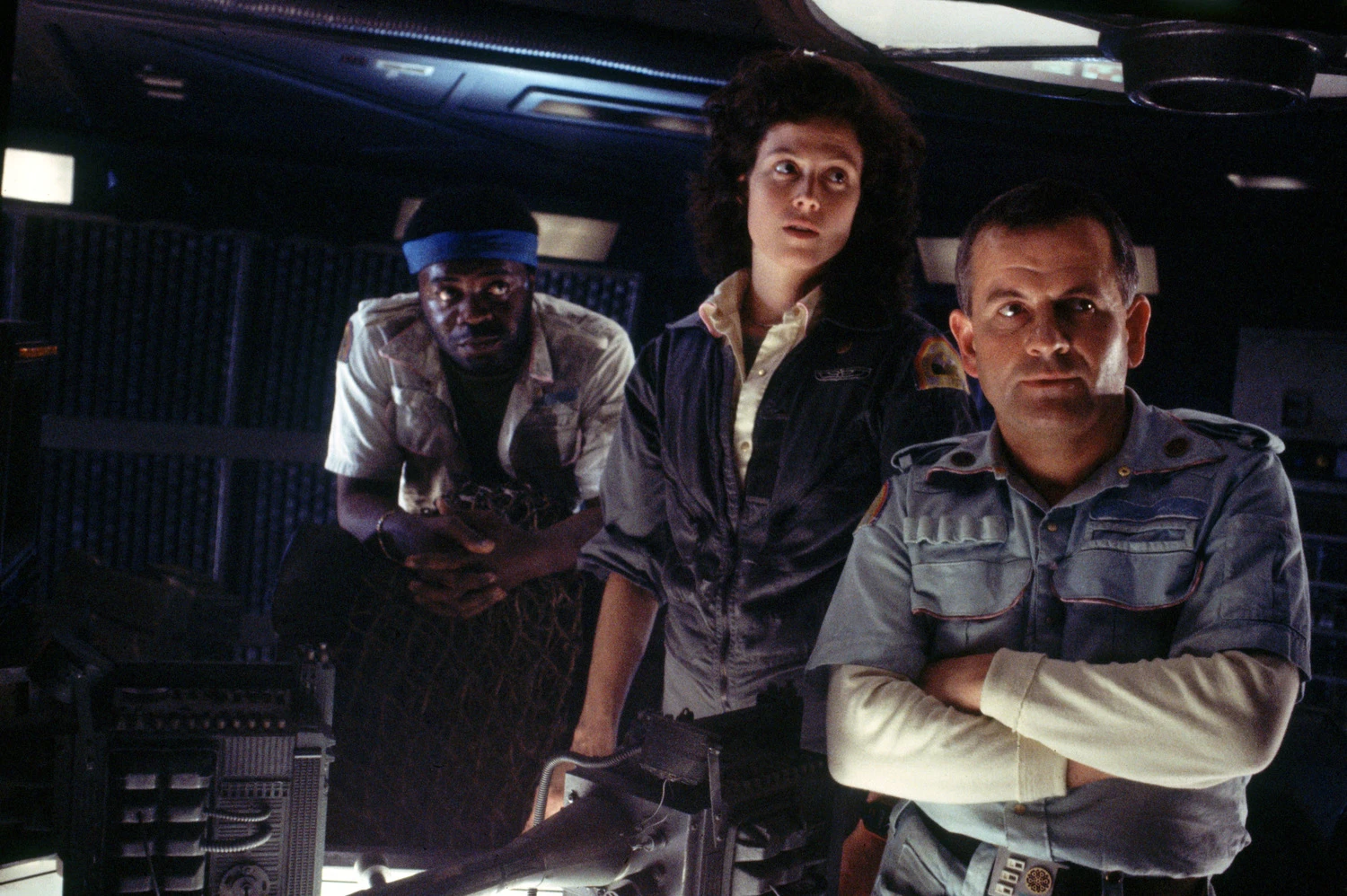 Yaphet Kotto as Parker, Sigourney Weaver as Ripley, and Ian Holm as Ash