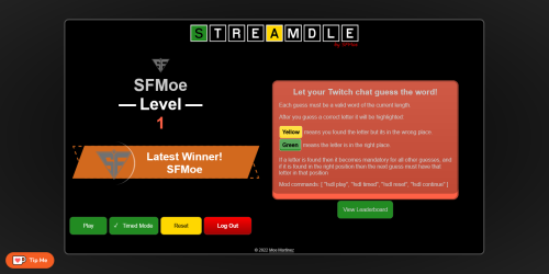 A screenshot of the homepage of https://streamdle.sfmoe.com a game developed by Moe Martinez for use on twitch.tv