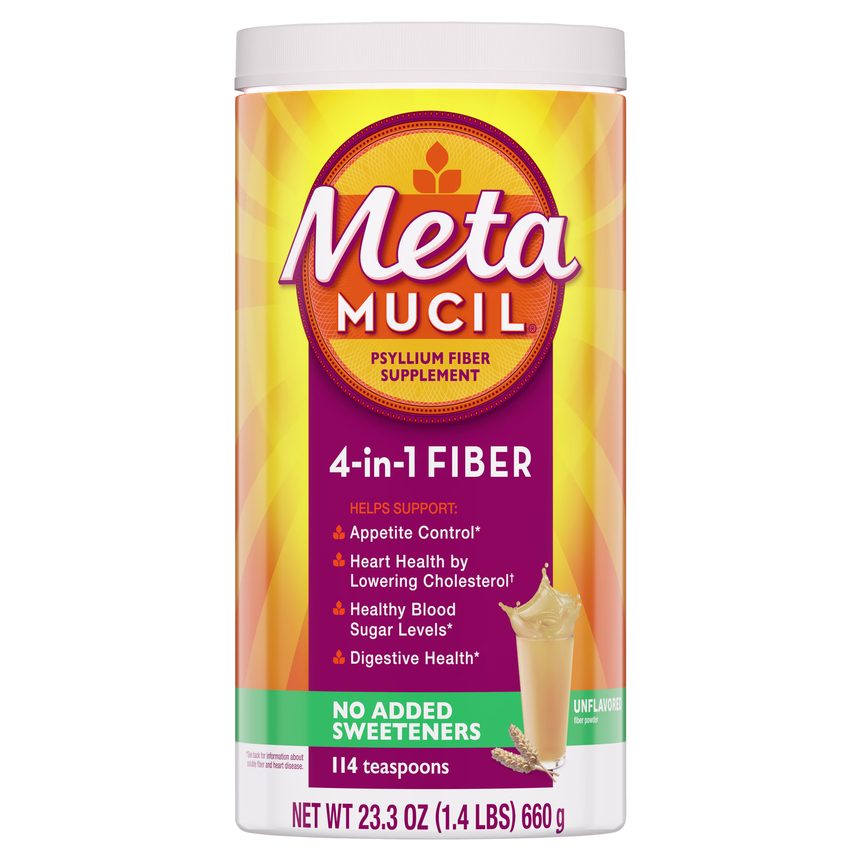 A bottle of Metamucil 4-in-1 fiber sugar-free unflavored smooth powder.