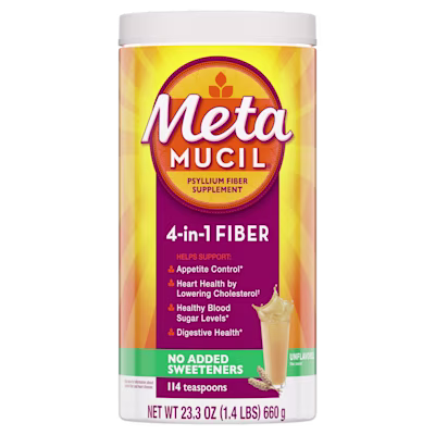 A bottle of Metamucil 4-in-1 fiber sugar-free unflavored smooth powder.