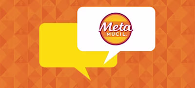 Metamucil logo on a white speech bubble and yellow speech bubble behind on orange background.