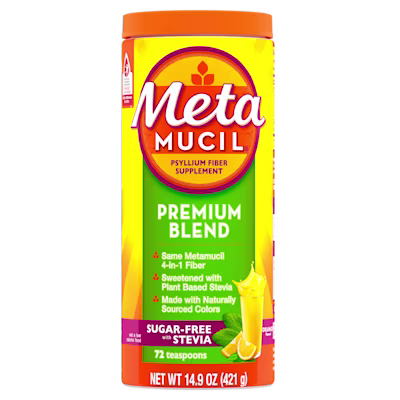 14.9 oz container of Metamucil Premium Blend Sugar-Free Psyllium Fiber Powder in Orange flavor.
