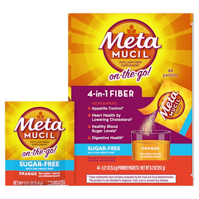 Packages of Metamucil 4-in-1 fiber on-the-go sugar free orange powder.